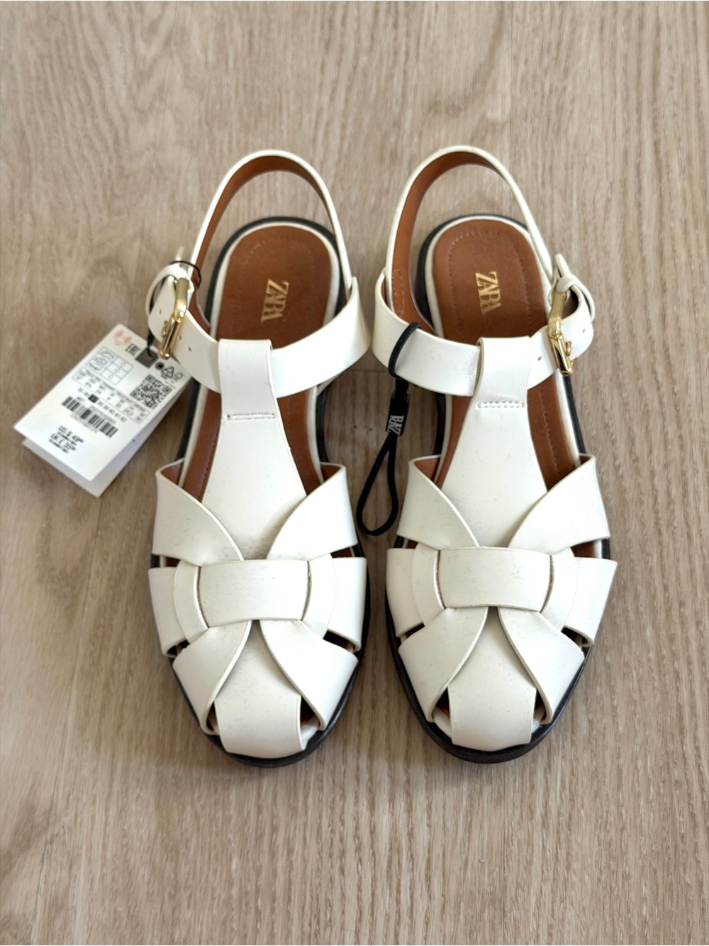 ZARA Size 37 Cream Woven Fisherman Sandals With Gold Buckle